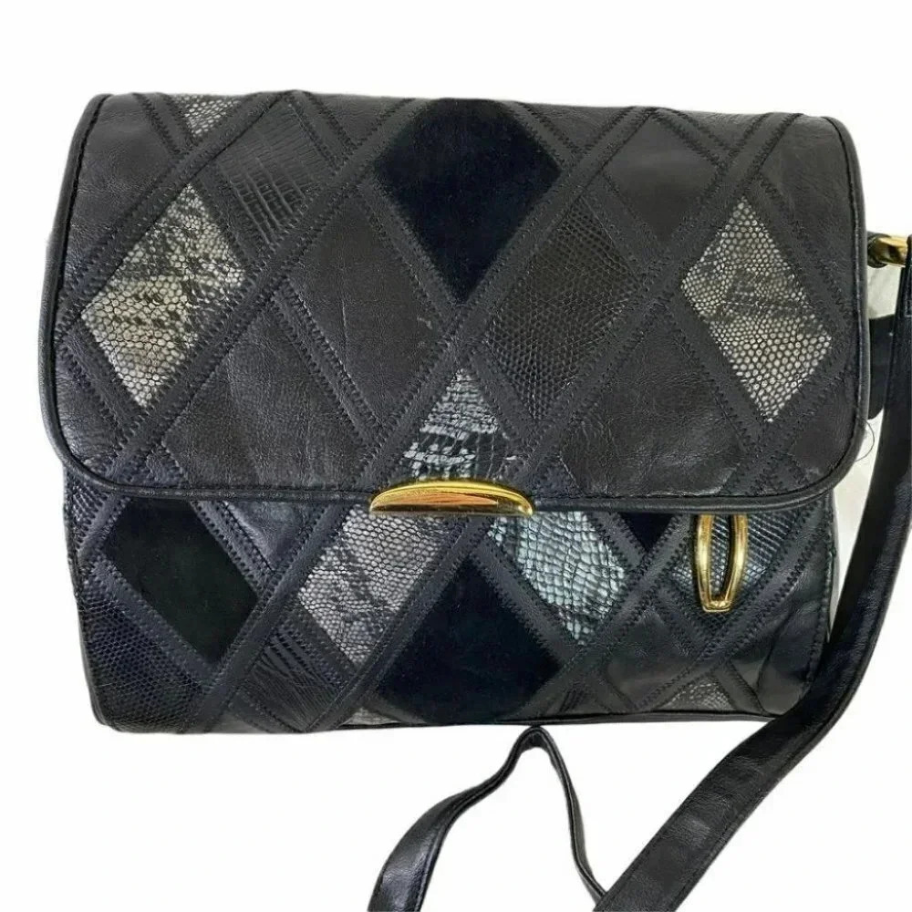 Cabin Creek Black Patchwork Shoulder Bag Snakeskin Suede‎ Gold Hardware